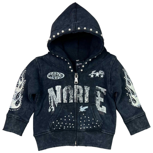Noble Black Washed Rhinestones + Pearls Infant Boys Hoodie Zip Up