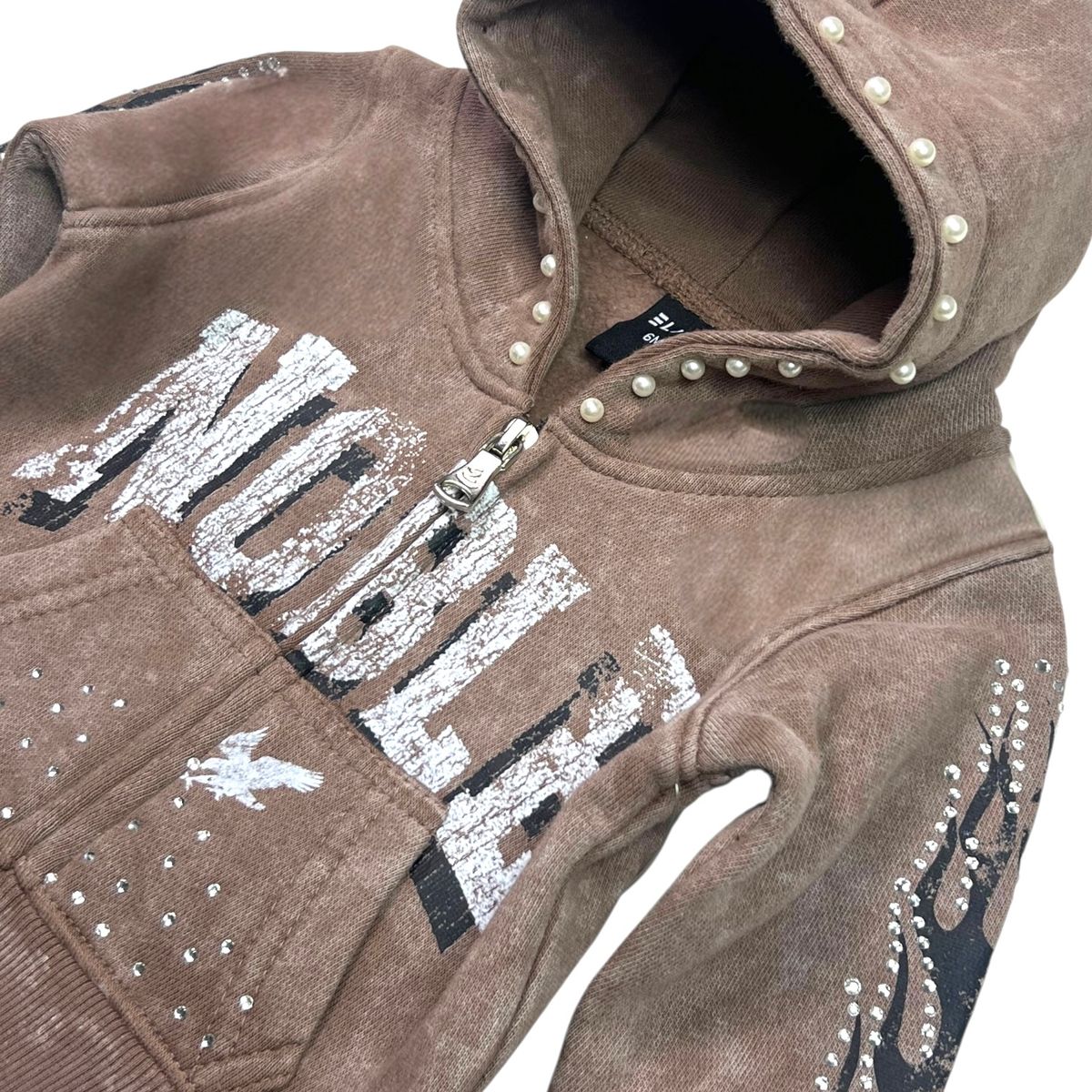 Noble Mocha Washed Rhinestones + Pearls Infant Boys Hoodie Zip Up
