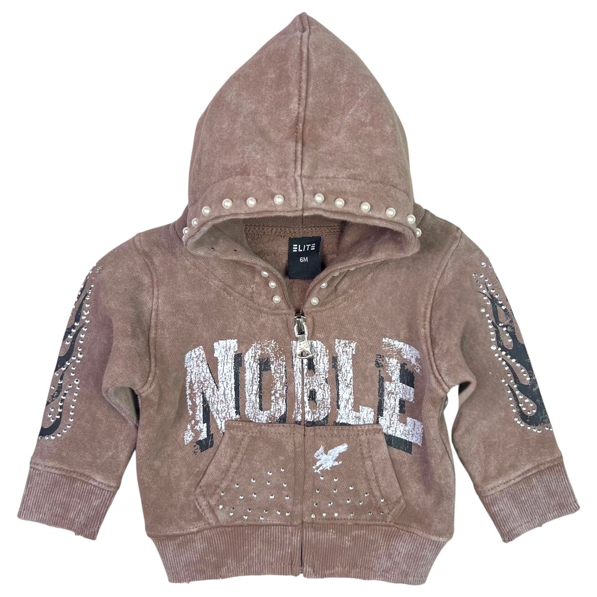 Noble Mocha Washed Rhinestones + Pearls Infant Boys Hoodie Zip Up