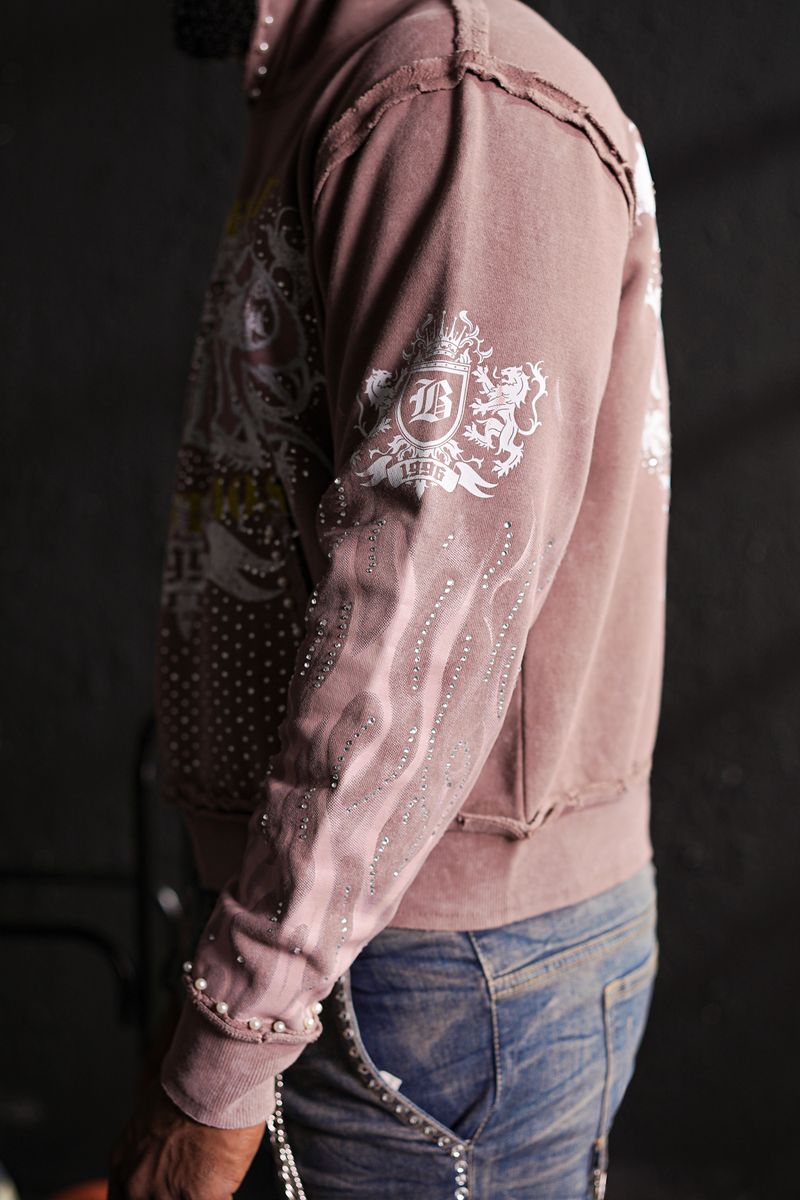 Saints Mocha Washed Rhinestone Premium Mens Hoodie + Pearls