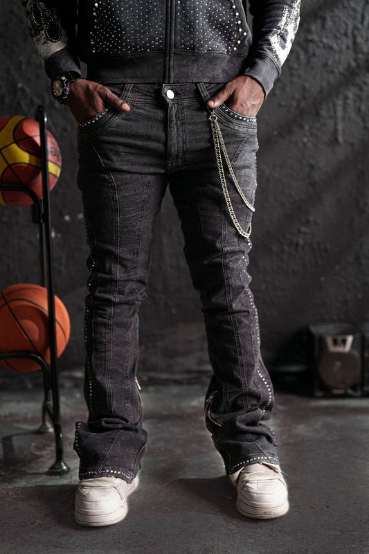 Black Stone-Line Premium Mens Stacked Jeans + Chain