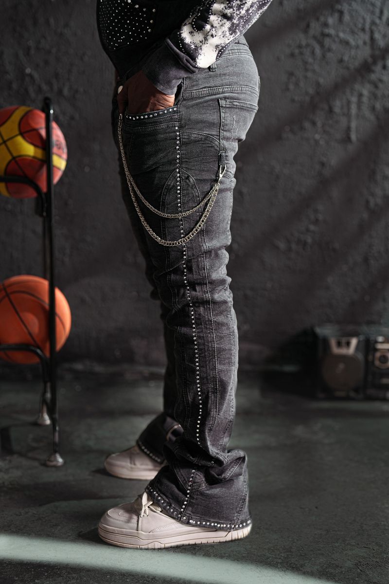 Black Stone-Line Premium Mens Stacked Jeans + Chain