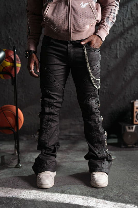 Black Phantom Premium Mens Stacked Jeans + Chain