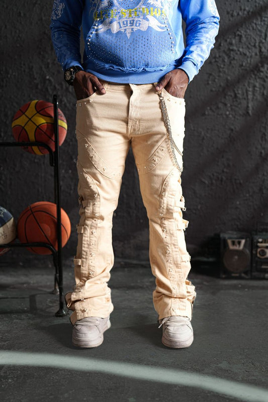Cream Sandstorm Premium Mens Stacked Jeans + Chain