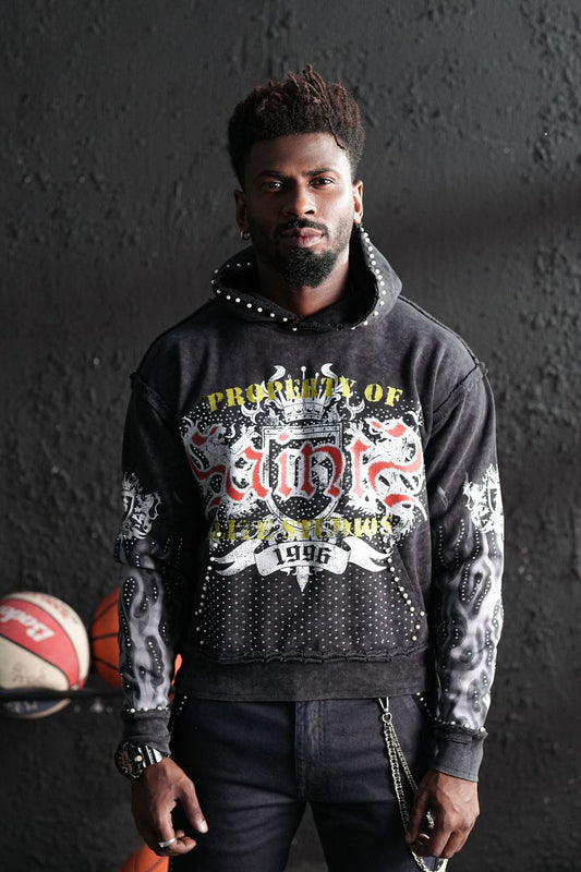 Saints Black Washed Rhinestone Premium Mens Hoodie + Pearls