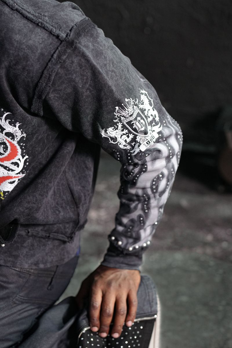 Saints Black Washed Rhinestone Premium Mens Hoodie + Pearls