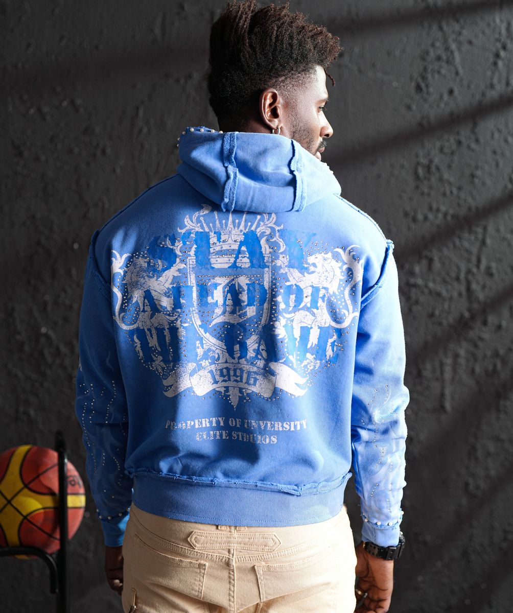 Saints Blue Washed Rhinestone Premium Mens Hoodie + Pearls