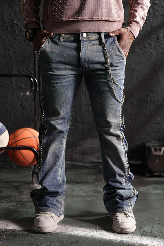 Secret Stone Vintage Premium Mens Stacked Jeans + Chain