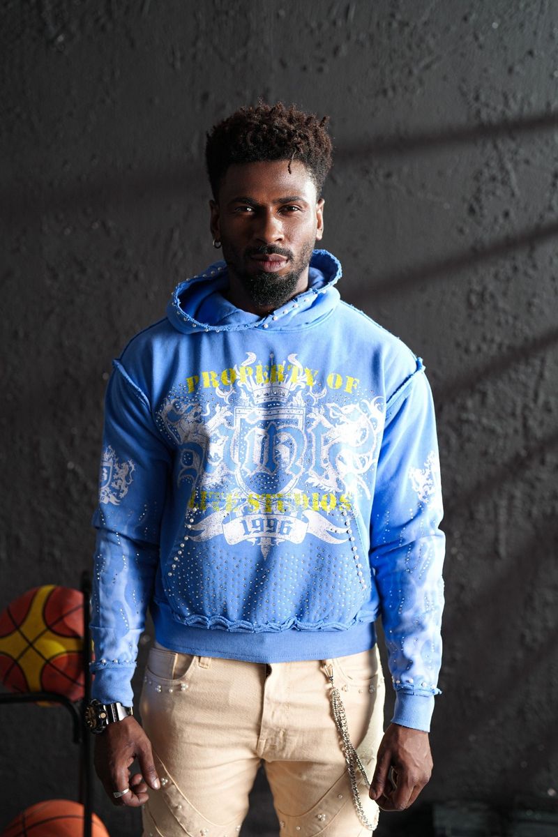 Saints Blue Washed Rhinestone Premium Mens Hoodie + Pearls