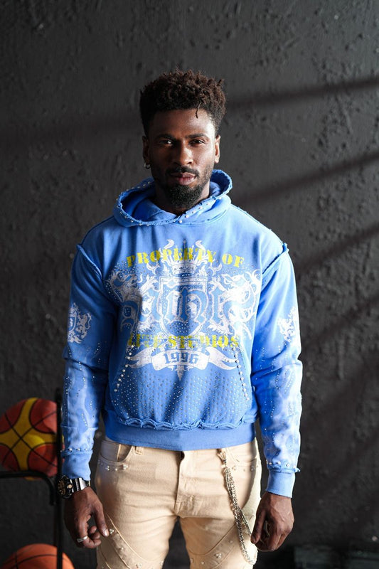 Saints Blue Washed Rhinestone Premium Mens Hoodie + Pearls