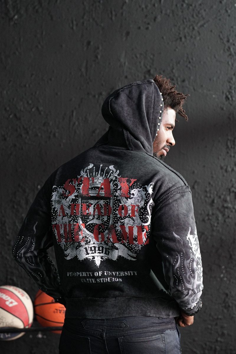 Saints Black Washed Rhinestone Premium Mens Hoodie + Pearls