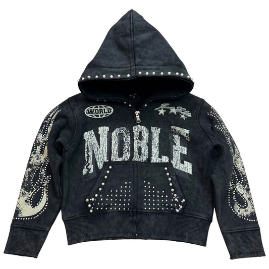 Noble Cream on Black Rhinestones Washed Premium Kids Hoodie