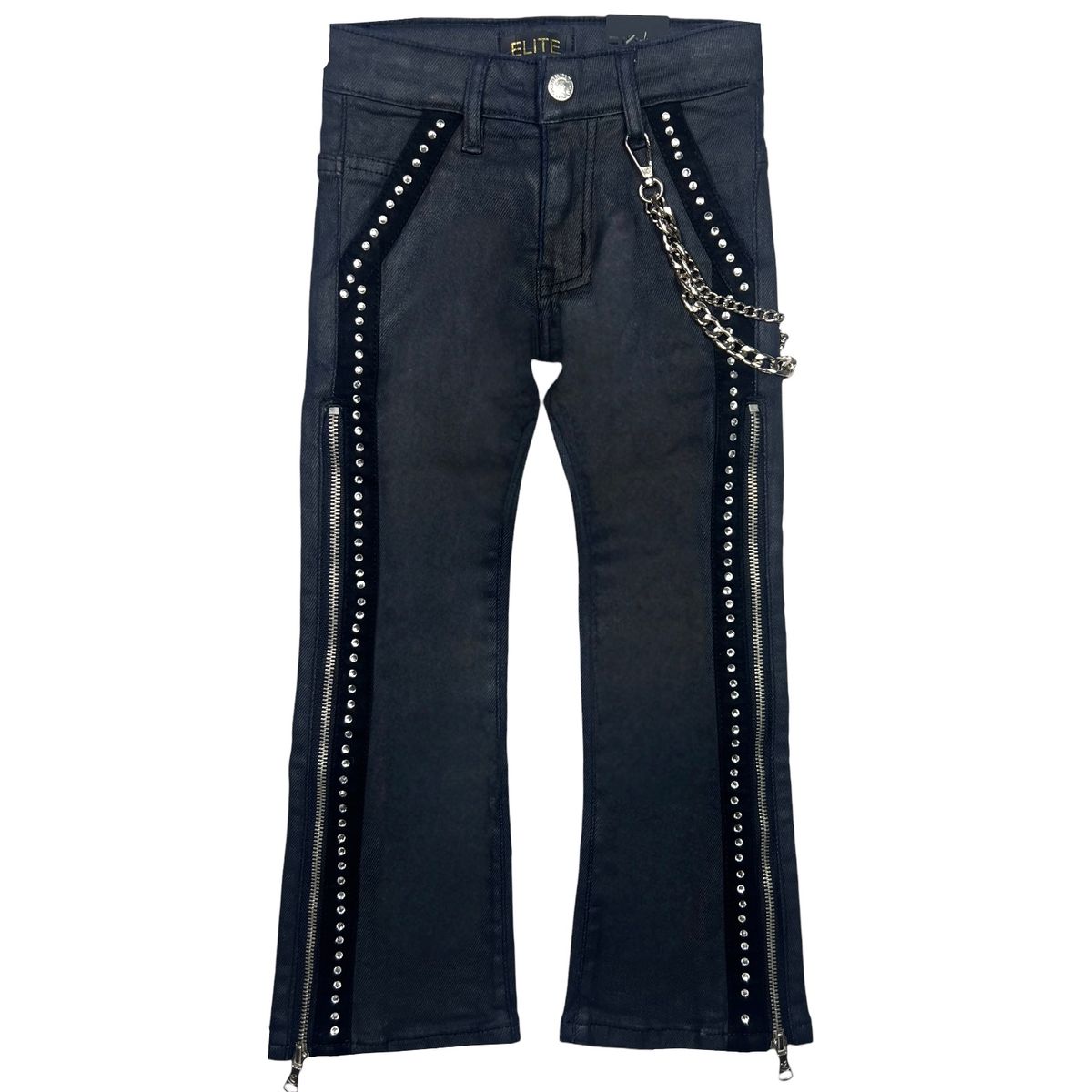 Black Wax Secret Stone Zipper Premium Kids Stacked Jeans