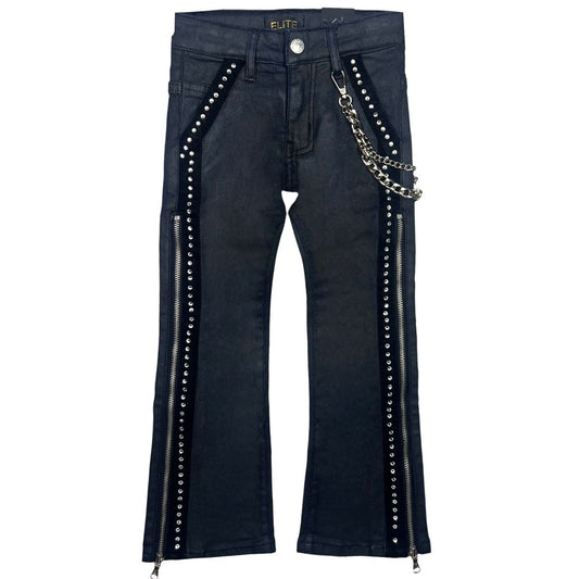Black Wax Secret Stone Zipper Premium Kids Stacked Jeans