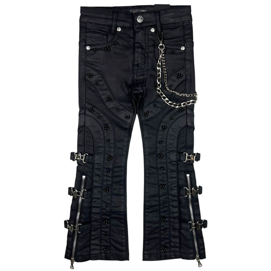 Black Wax Pearls + Buckles Premium Kids Stacked Jeans