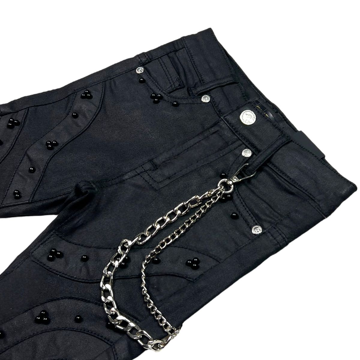 Black Wax Pearls + Buckles Premium Kids Stacked Jeans