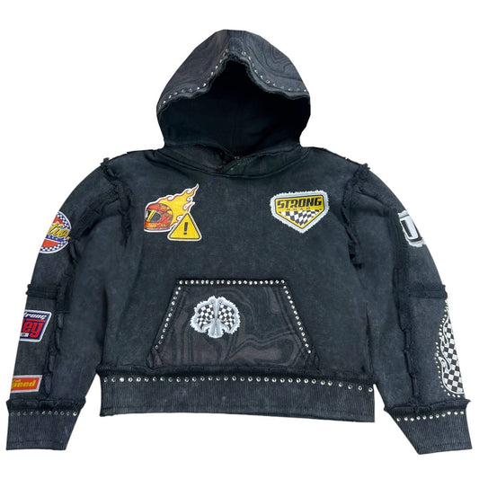 Strong Black Rhinestones Washed Premium Kids Hoodie