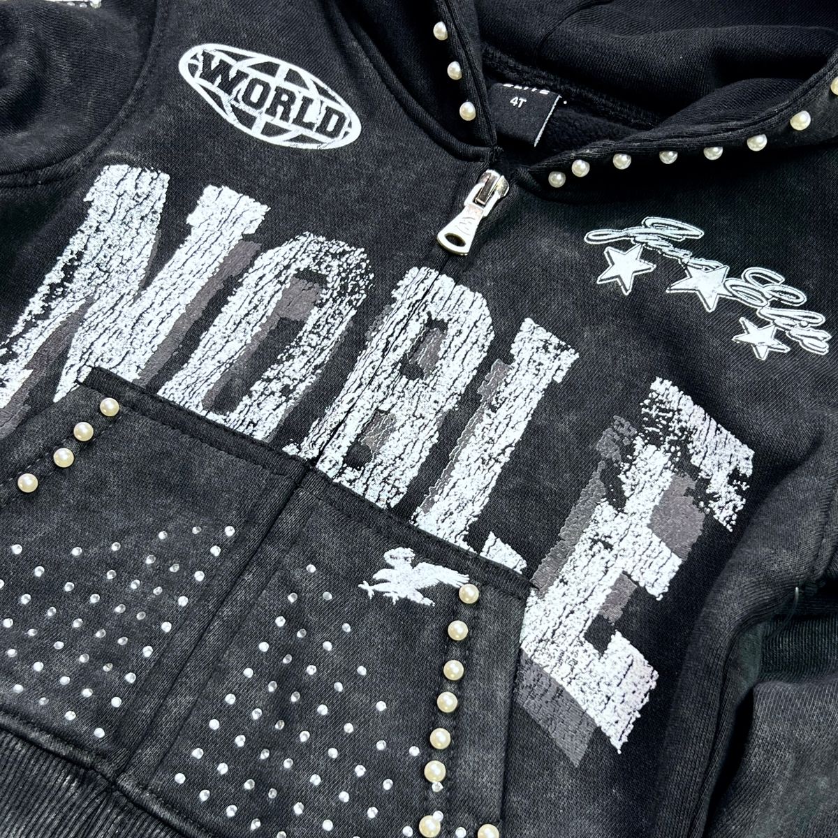Noble White on Black Rhinestones Washed Premium Kids Hoodie