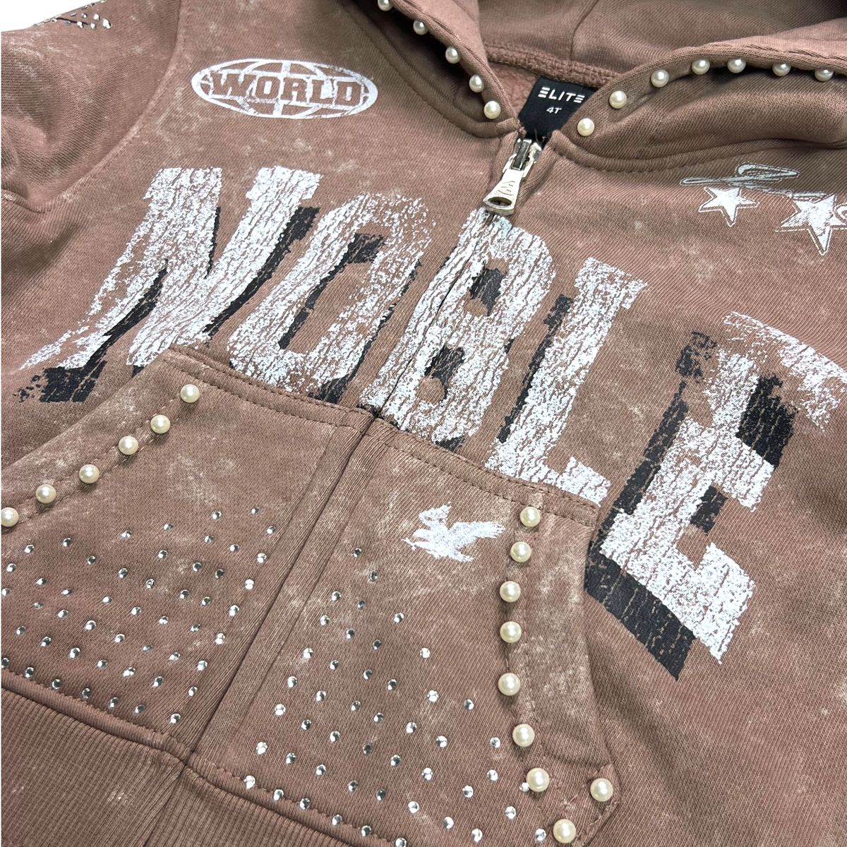 Noble Taupe Rhinestones Washed Premium Kids Hoodie