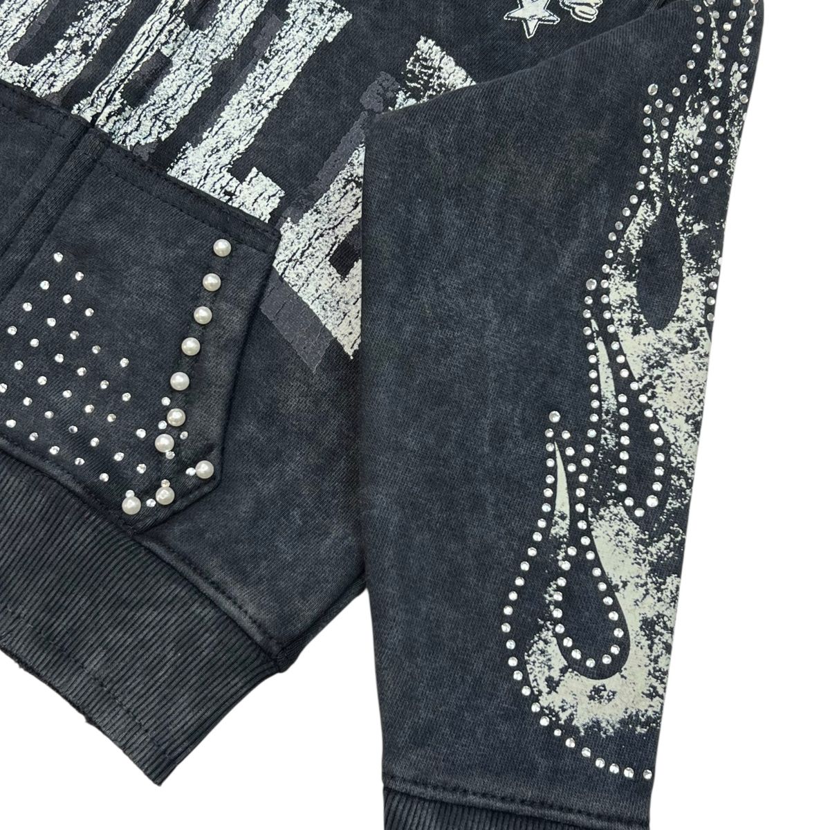 Noble Cream on Black Rhinestones Washed Premium Kids Hoodie