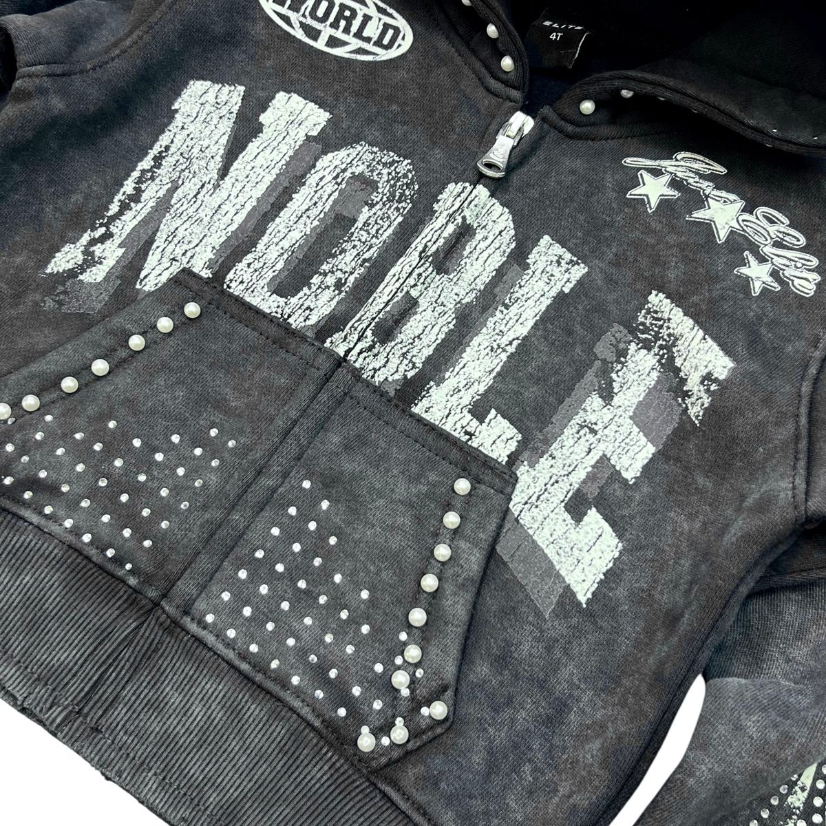 Noble Cream on Black Rhinestones Washed Premium Kids Hoodie