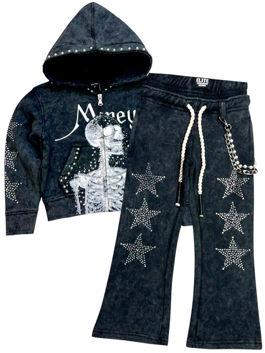 Black Skull Rhinestone Pearls Premium Kids Track Set