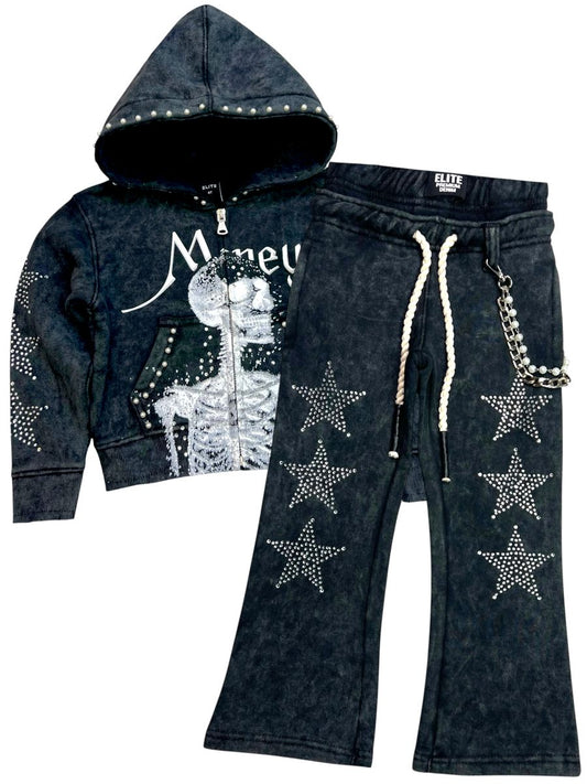 Black Skull Rhinestone Pearls Premium Kids Fleece Set