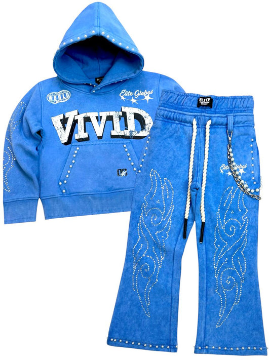Vivid Blue Rhinestone Pearls Premium Kids Fleece Set
