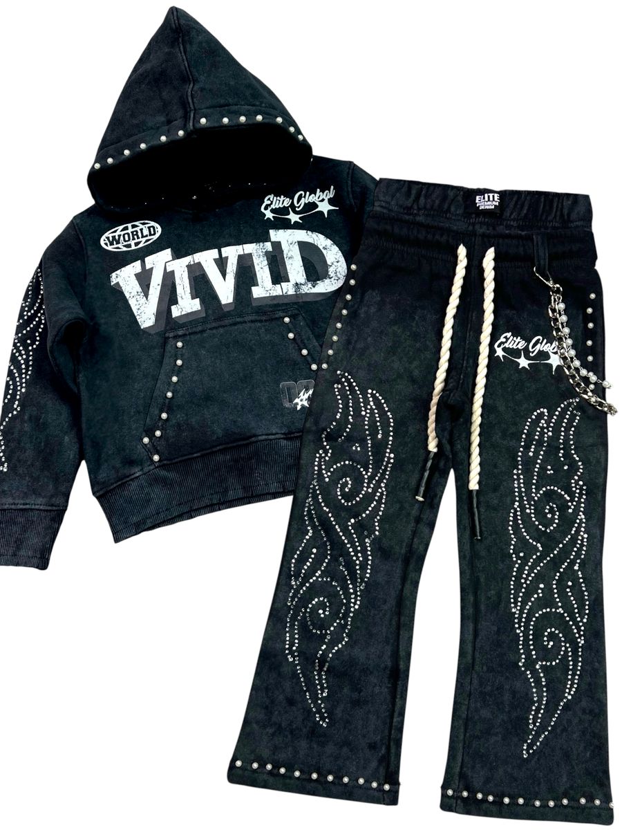 (Pre-Order) Vivid Black Rhinestone Pearls Premium Kids Track Set