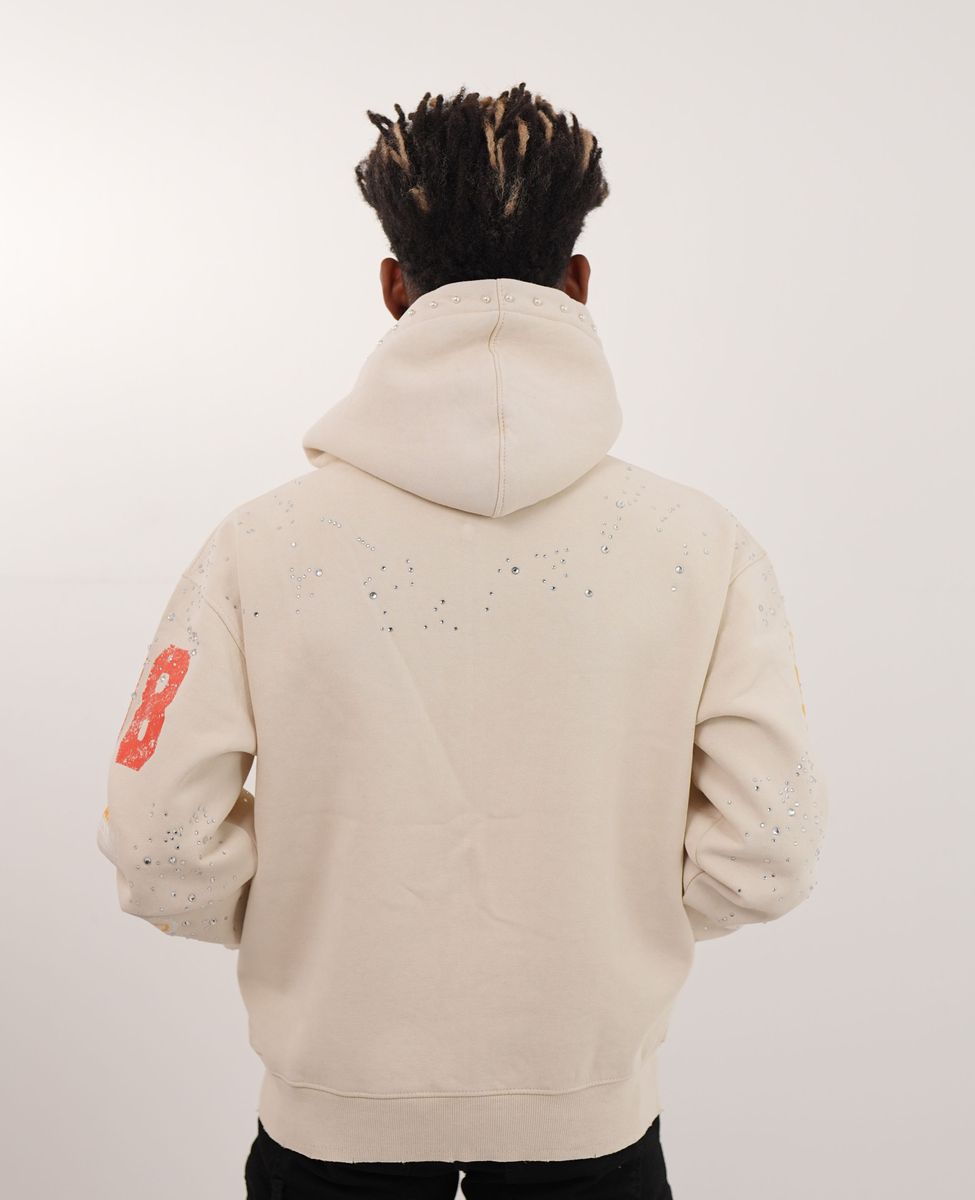 Praise Off-White Rhinestone Premium Mens Hoodie + Pearls Zip Up
