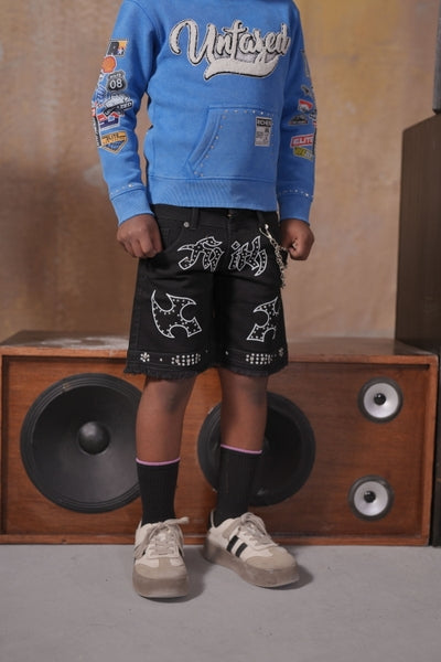 Faith Double Waisted Embellished Black Kids Jorts