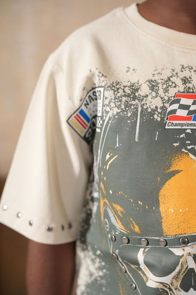 Fast Car Washed Heavy Embellished Cream Kids Tee