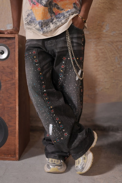 Mardi Gras Premium Embellished Black Ash Mens Baggy Jeans + Chain