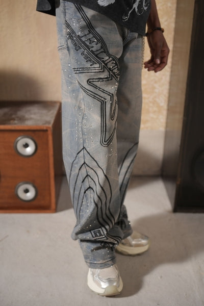 Vintage Elitestar Premium Embellished Mens Baggy Jeans + Chain