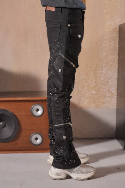 Astronomical Premium Embellished Black Mens Stacked Jeans + Chain