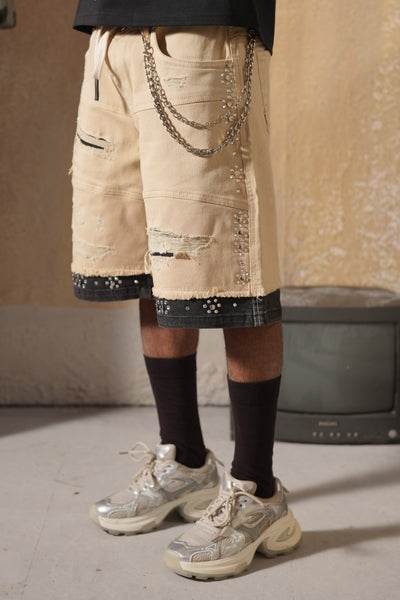 2Tone Premium Embellished Cream Mens Jorts + Chain