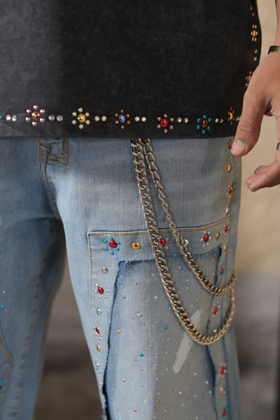Mardi Gras Premium Embellished Blue Mens Baggy Jeans + Chain