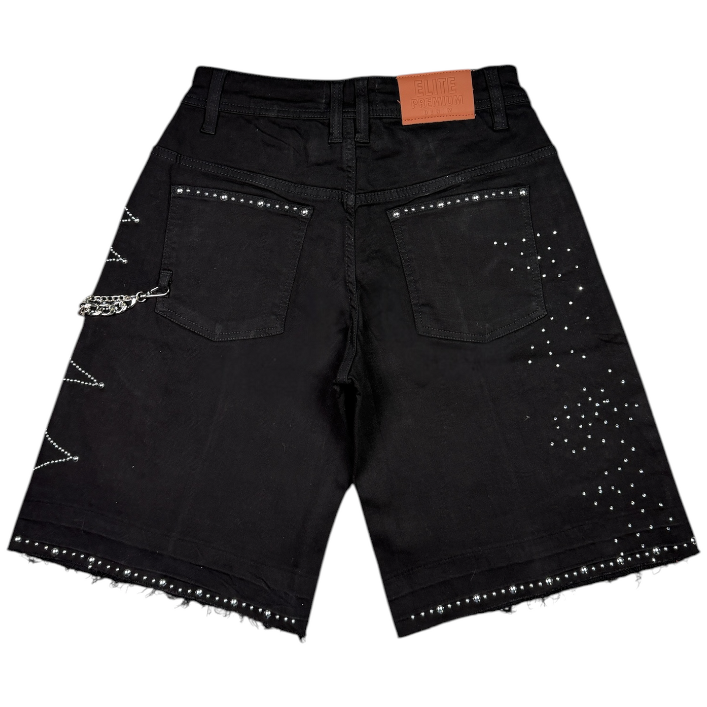Moon Phase Jet Black Embellished Mens Denim Shorts + Chain