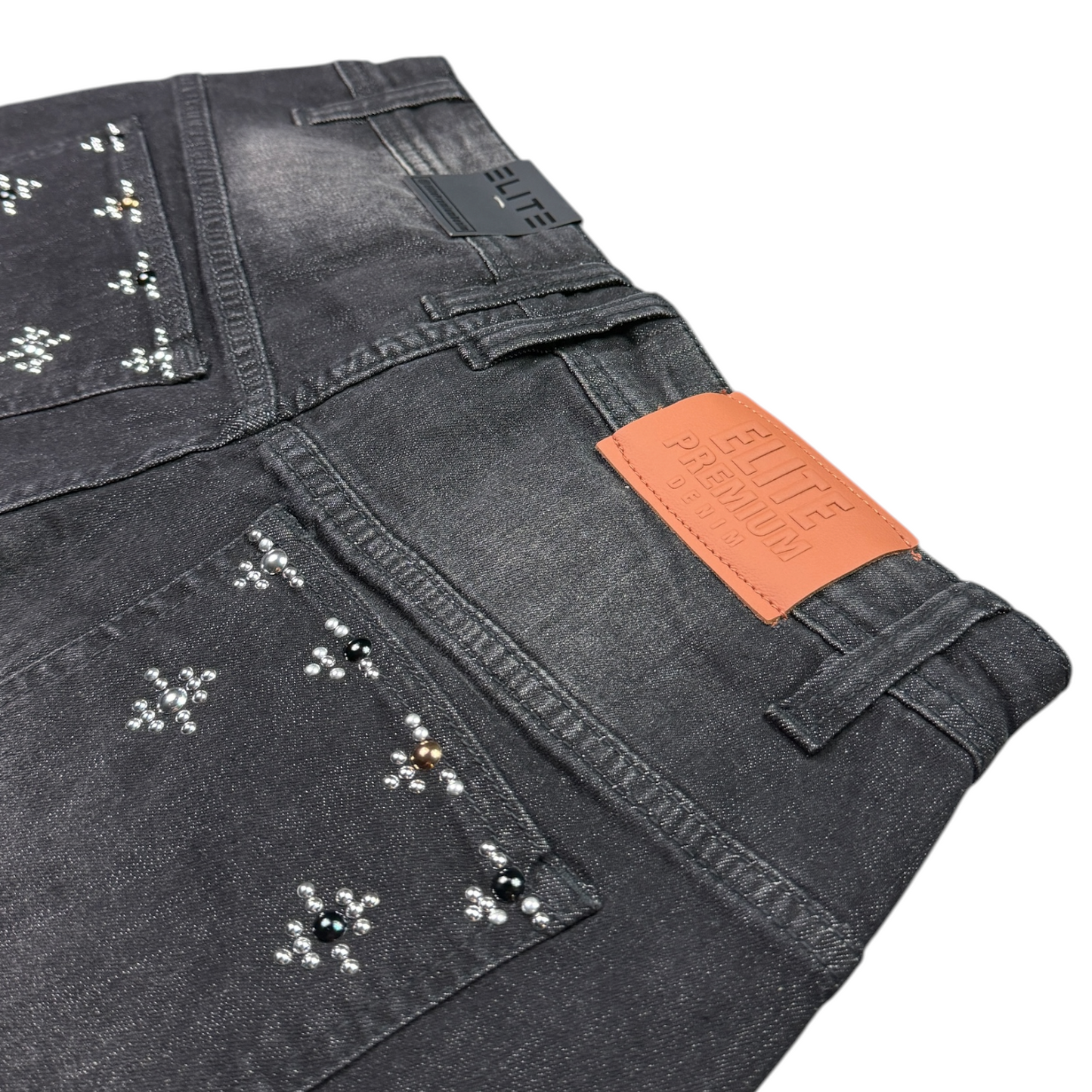 Faded Black Wash Embellished Mens Denim Shorts + Chain