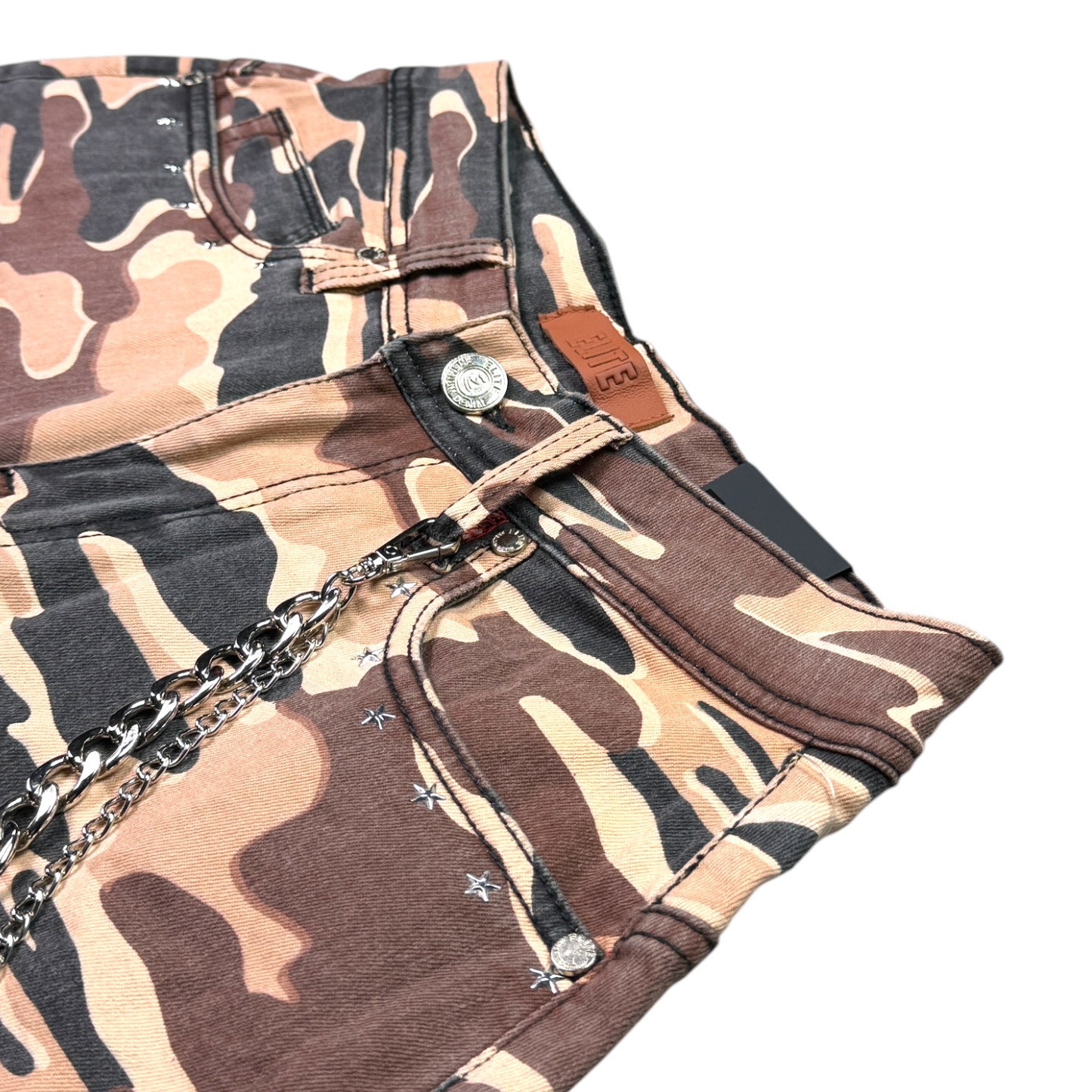 Patch Work Brown Camo Embellished Mens Denim Shorts + Chain