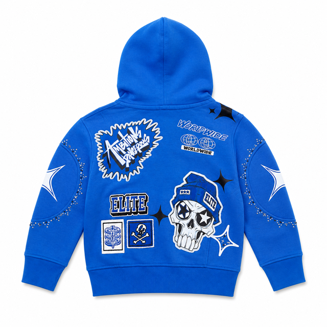 Street Art Rhinestone Embellished Blue Kids Zip Up Hoodie