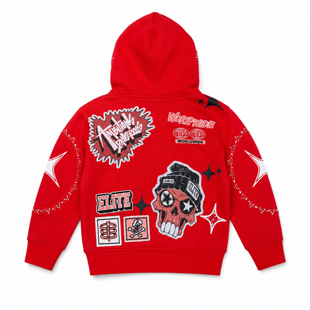 Street Art Rhinestone Embellished Red Kids Zip Up Hoodie