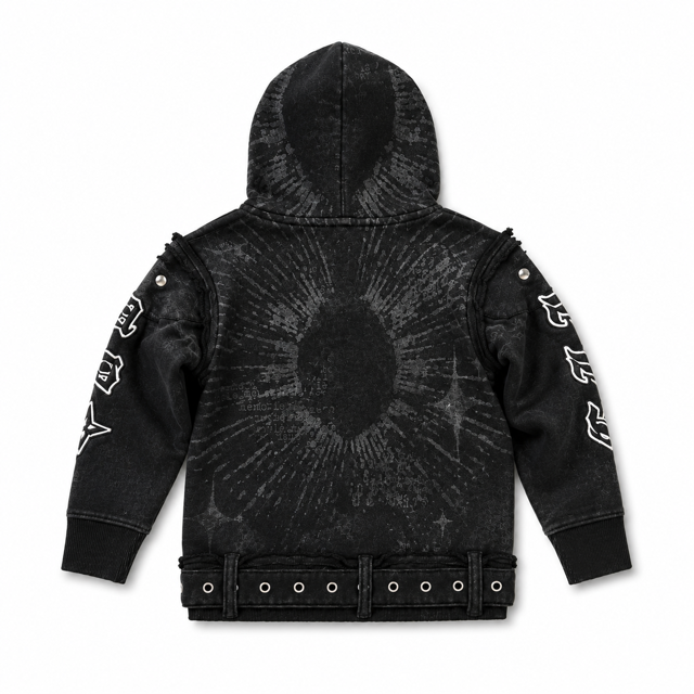 Belted Embroidered Black Kids Zip Up Hoodie