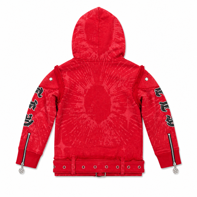 Belted Embroidered Red Kids Zip Up Hoodie