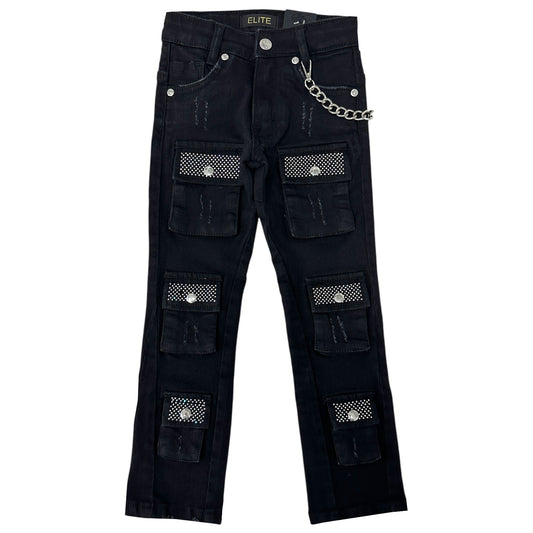 Crystal Cargo Premium Kids Stacked Jeans Black