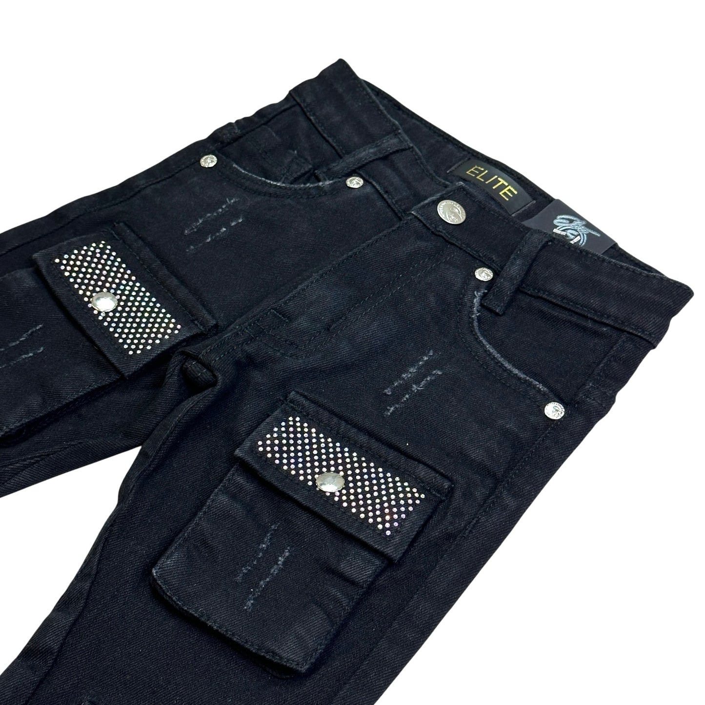 Crystal Cargo Premium Kids Stacked Jeans Black