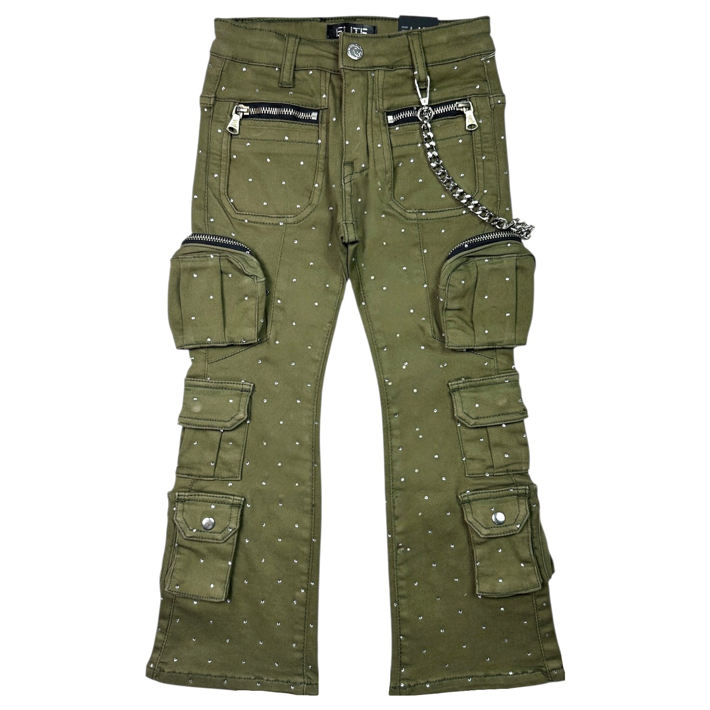 Olive Rhinestone Premium Kids Stacked Jeans