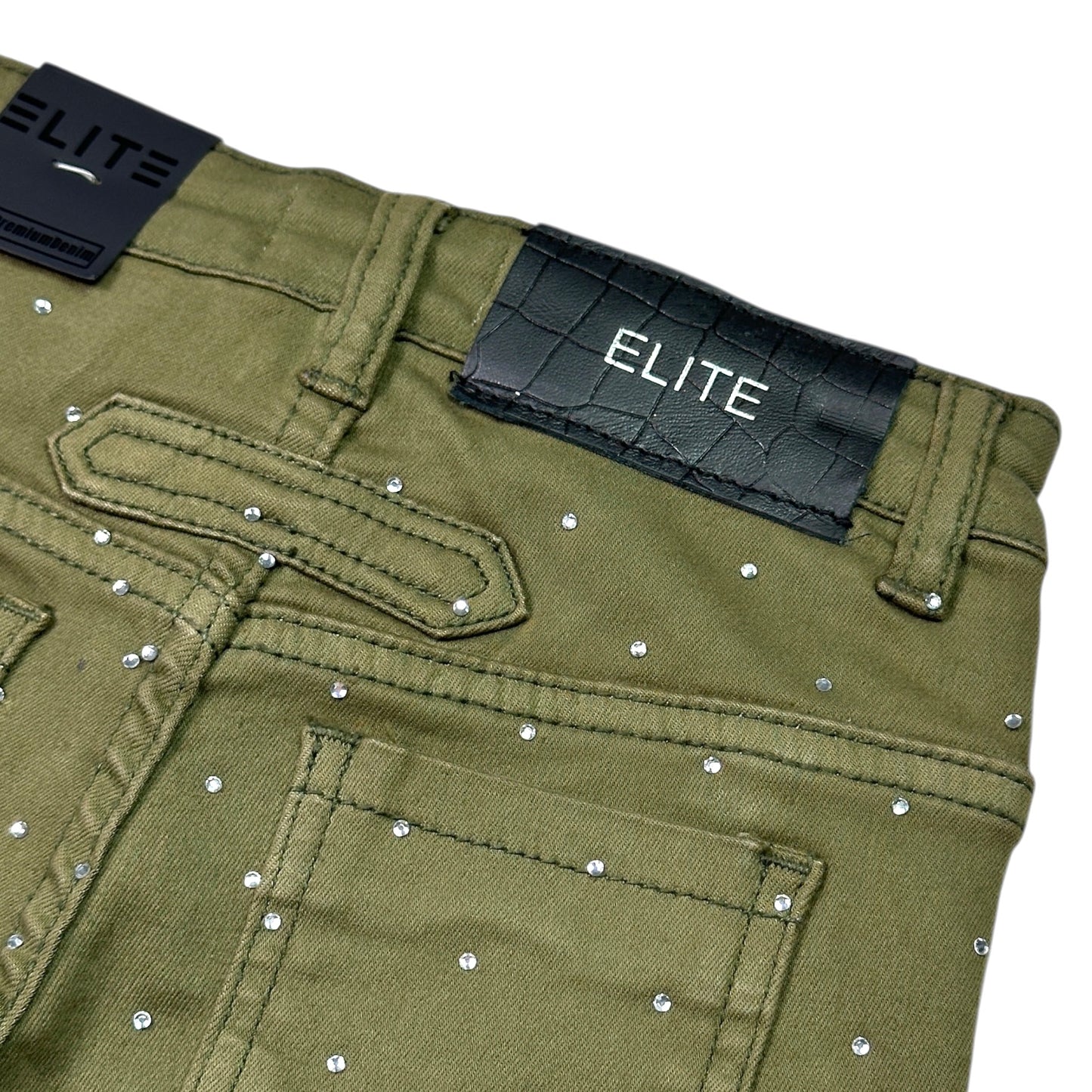 Olive Rhinestone Premium Kids Stacked Jeans