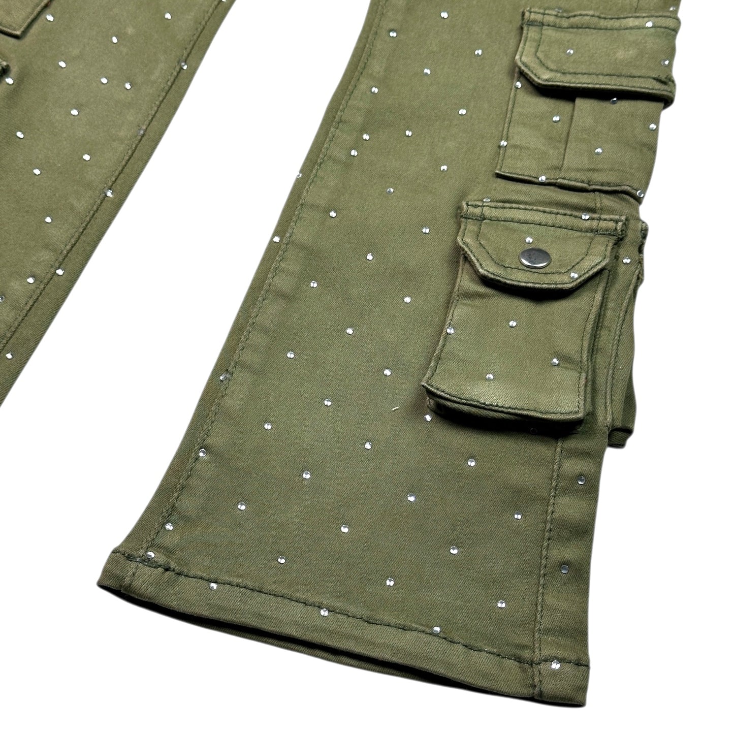 Olive Rhinestone Premium Kids Stacked Jeans