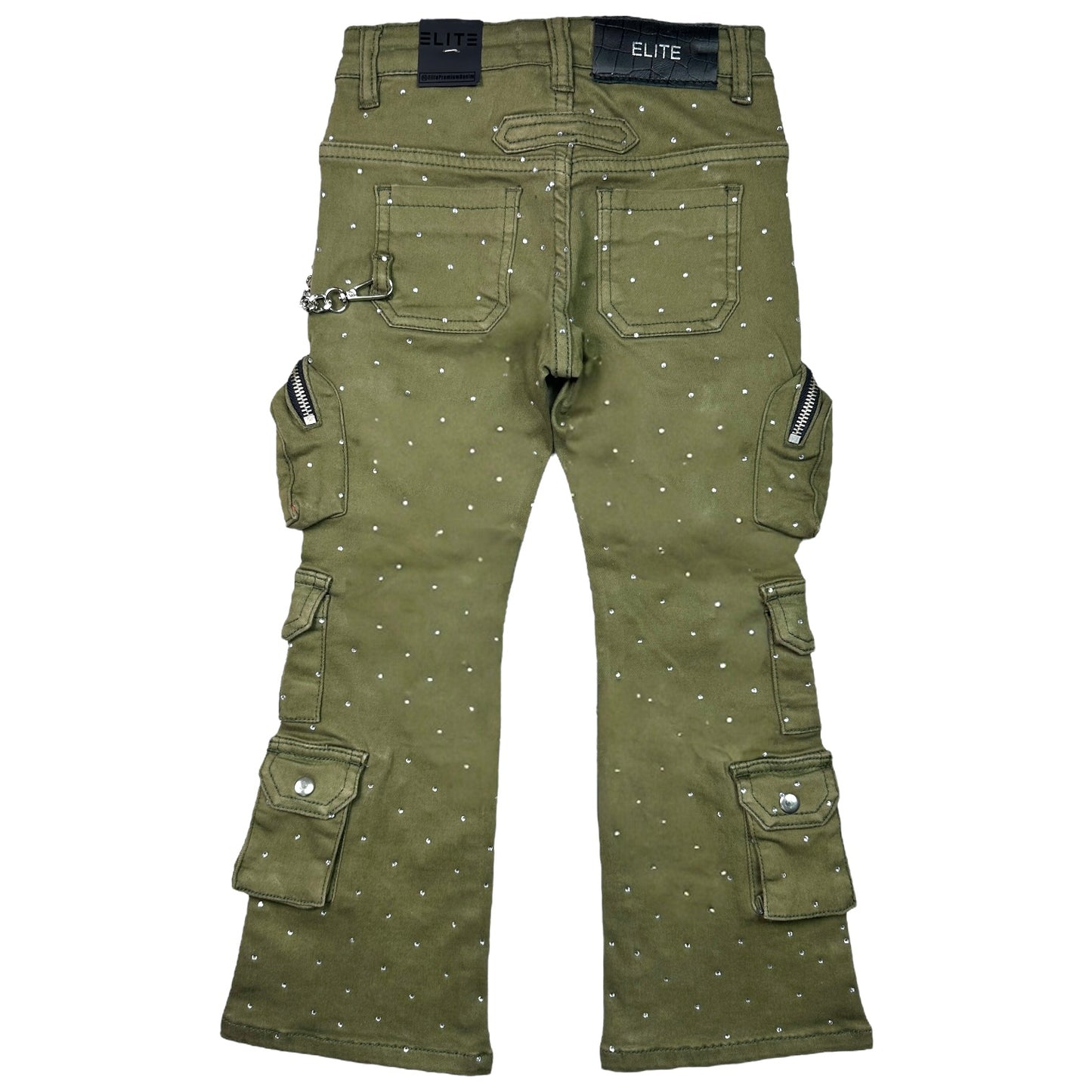 Olive Rhinestone Premium Kids Stacked Jeans